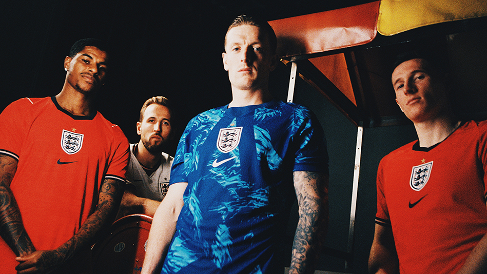 Marcus Rashford, Harry Kane, Jordan Pickford and Elliott Anderson in the new England kits for the 2026 World Cup