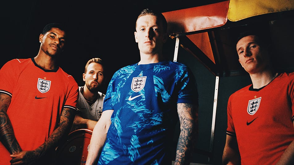 Marcus Rashford, Harry Kane, Jordan Pickford and Elliott Anderson in the new England kits for the 2026 World Cup